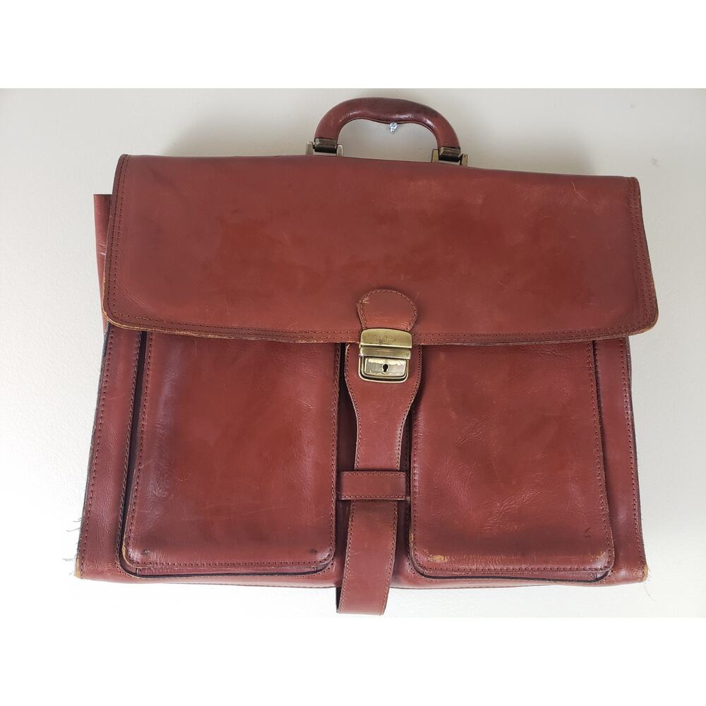 Vintage Leather Messenger Bag Brief Case Portfolio Brown Patterned Lining
